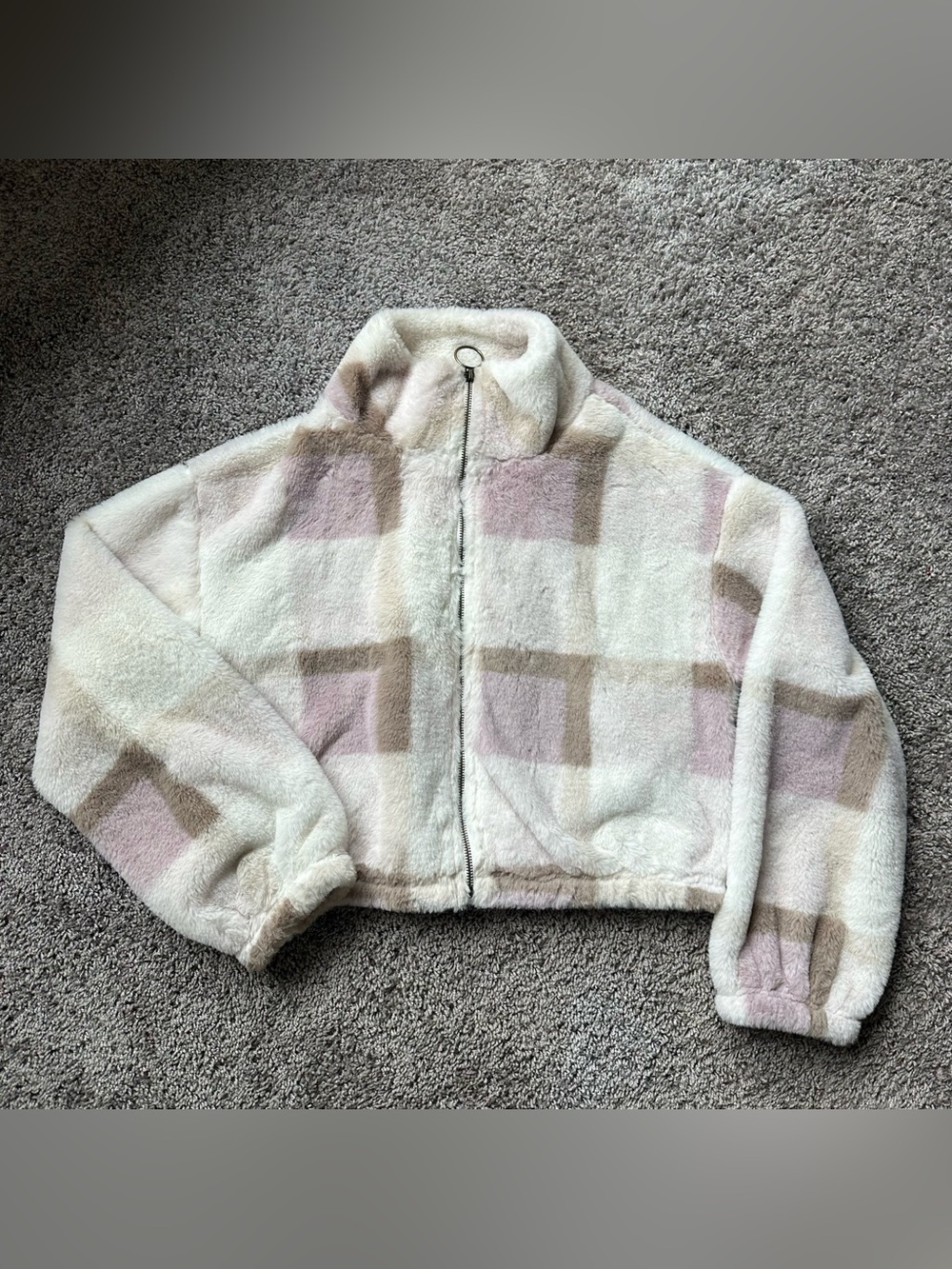 Timing Plush Zip-Up Jacket in Cream, Blush & Tan Plaid
